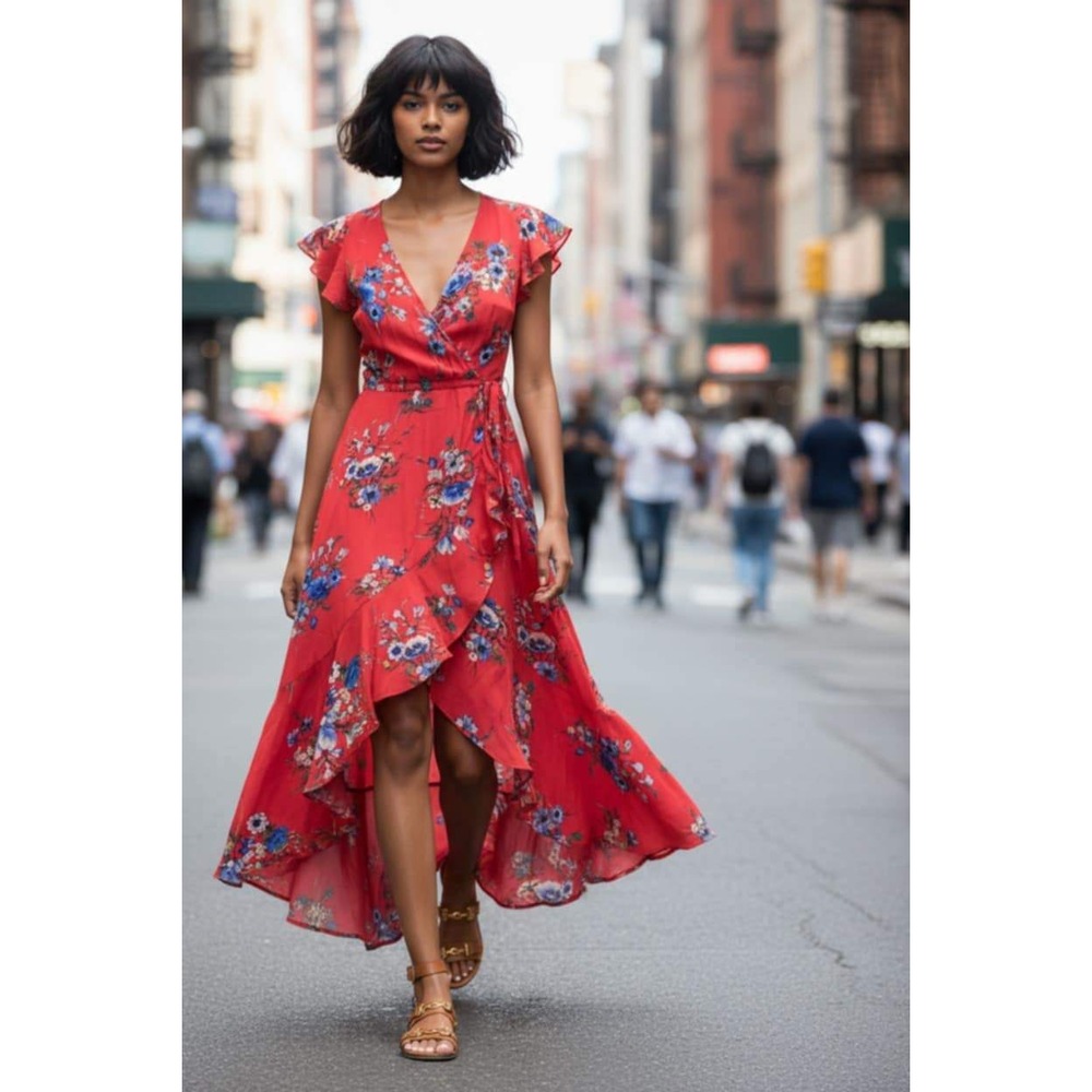 Soprano Red Floral High Low Dress Wrap Ruffle Cottagecore Coquette Sundress Maxi